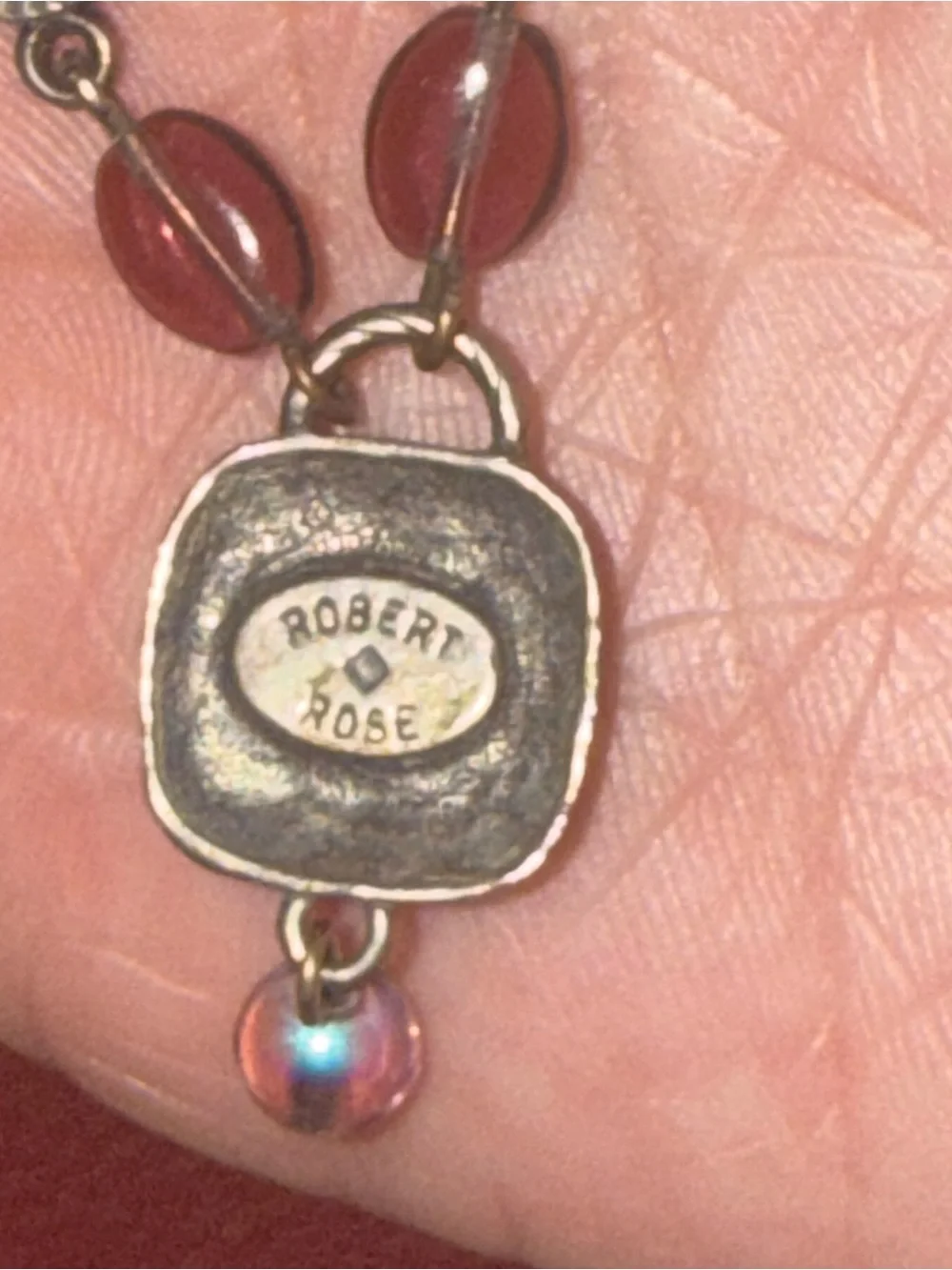 Robert Rose Silver-Tone Necklace with Pink and Iridescent Beads